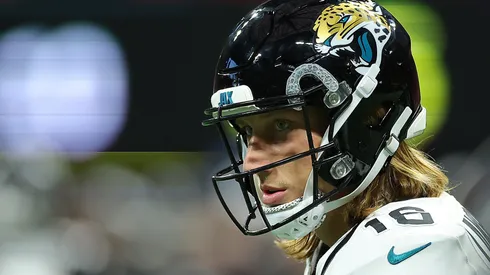 Trevor Lawrence #16 of the Jacksonville Jaguars looks on against the Atlanta Falcons during the first quarter at Mercedes-Benz Stadium on August 23, 2024 in Atlanta, Georgia.