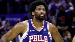 Joel Embiid #21 of the Philadelphia 76ers reacts after his team's 118-115 loss against the New York Knicks in game six of the Eastern Conference First Round Playoffs at the Wells Fargo Center.