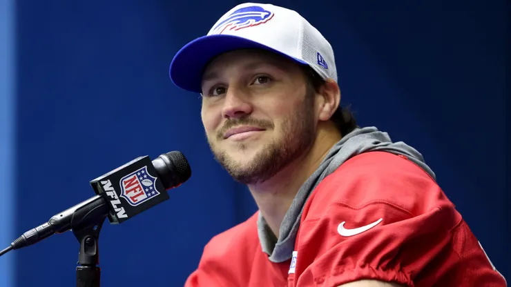 Josh Allen of the Buffalo Bills speaks with media