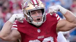 Christian McCaffrey #23 of the San Francisco 49ers celebrates after scoring a touchdown during the second quarter against the Detroit Lions in the NFC Championship Game at Levi's Stadium on January 28, 2024 in Santa Clara, California.