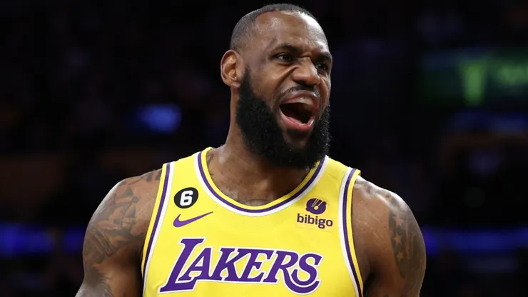 LeBron James #6 of the Los Angeles Lakers reacts against the Golden State Warriors during the first quarter in game four of the Western Conference Semifinal Playoffs at Crypto.com Arena.