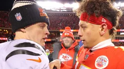 Joe Burrow #9 of the Cincinnati Bengals and Patrick Mahomes #15 of the Kansas City Chiefs meet on the field after the AFC Championship Game at GEHA Field at Arrowhead Stadium on January 29, 2023 in Kansas City, Missouri.