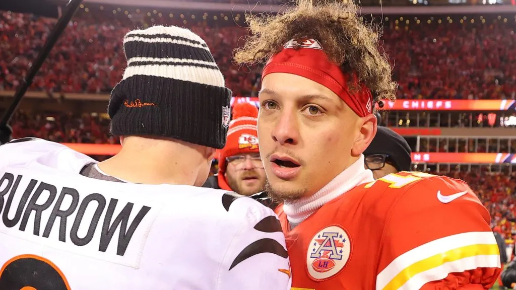Joe Burrow #9 of the Cincinnati Bengals and Patrick Mahomes #15 of the Kansas City Chiefs meet on the field after the AFC Championship Game at GEHA Field at Arrowhead Stadium on January 29, 2023 in Kansas City, Missouri.
