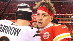 Joe Burrow #9 of the Cincinnati Bengals and Patrick Mahomes #15 of the Kansas City Chiefs meet on the field after the AFC Championship Game at GEHA Field at Arrowhead Stadium on January 29, 2023 in Kansas City, Missouri.