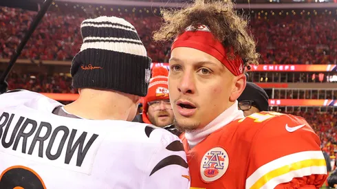 Joe Burrow #9 of the Cincinnati Bengals and Patrick Mahomes #15 of the Kansas City Chiefs meet on the field after the AFC Championship Game at GEHA Field at Arrowhead Stadium on January 29, 2023 in Kansas City, Missouri.