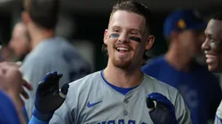 Bobby Witt Jr. #7 of the Kansas City Royals celebrates scoring a run in the third inning against the Cincinnati Reds at Great American Ball Park.