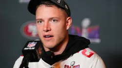 Christian McCaffrey #23 speaks to the media during San Francisco 49ers media availability ahead of Super Bowl LVIII at Hilton Lake Las Vegas Resort and Spa on February 07, 2024 in Henderson, Nevada.