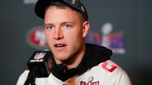 Christian McCaffrey #23 speaks to the media during San Francisco 49ers media availability ahead of Super Bowl LVIII at Hilton Lake Las Vegas Resort and Spa on February 07, 2024 in Henderson, Nevada.