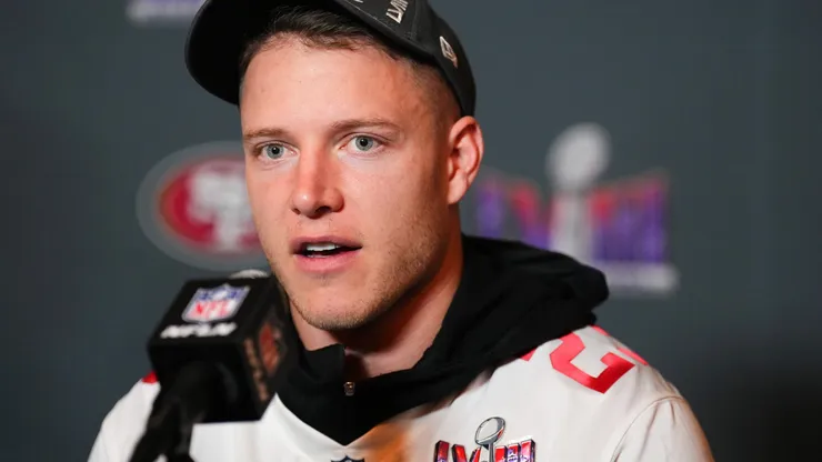 Christian McCaffrey #23 speaks to the media during San Francisco 49ers media availability ahead of Super Bowl LVIII at Hilton Lake Las Vegas Resort and Spa on February 07, 2024 in Henderson, Nevada.