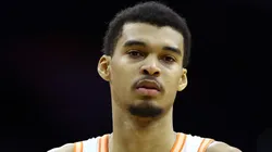 Victor Wembanyama #1 of the San Antonio Spurs looks on against the Philadelphia 76ers