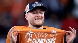 Quarterback Quinn Ewers of the Texas Longhorns celebrates after Texas defeated the Oklahoma State Cowboys in the Big 12 Championship at AT&T Stadium on December 2, 2023 in Arlington, Texas.