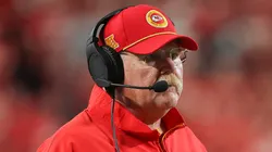 Andy Reid, head coach of the Kansas City Chiefs, talks with line judge Tim Podraza #47 as they play against the Baltimore Ravens during the second quarter at GEHA Field at Arrowhead Stadium on September 05, 2024 in Kansas City, Missouri.