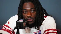 Brandon Aiyuk #11 speaks to the media during San Francisco 49ers media availability ahead of Super Bowl LVIII at Hilton Lake Las Vegas Resort and Spa on February 07, 2024 in Henderson, Nevada.