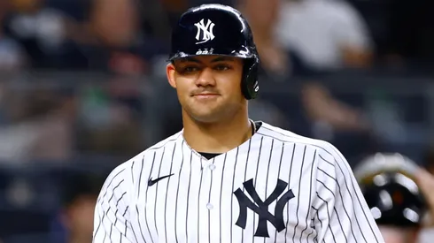 Jasson Dominguez #89 of the New York Yankees reacts after being called out on strikes against the Detroit Tigers during the fourth inning of a game at Yankee Stadium on September 7, 2023 in New York City. The Tigers defeated the Yankees 10-3.