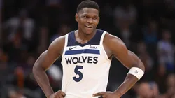 Anthony Edwards #5 of the Minnesota Timberwolves reacts during the second half of game three of the Western Conference First Round Playoffs