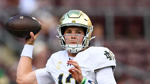 COLLEGE STATION, TEXAS - AUGUST 31: Riley Leonard #13 of the Notre Dame Fighting Irish warms up prior to the game against the Texas A&M Aggies at Kyle Field.