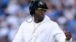Head coach Deion Sanders of the Colorado Buffaloes looks on from the sidelines during the first half of a game against the UCLA Bruins at Rose Bowl Stadium on October 28, 2023 in Pasadena, California.