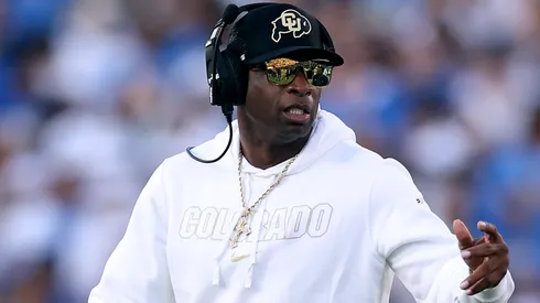 Head coach Deion Sanders of the Colorado Buffaloes looks on from the sidelines during the first half of a game against the UCLA Bruins at Rose Bowl Stadium on October 28, 2023 in Pasadena, California.