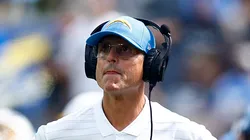 Head coach Jim Harbaugh of the Los Angeles Chargers looks on during the third quarter against the Las Vegas Raiders at SoFi Stadium.