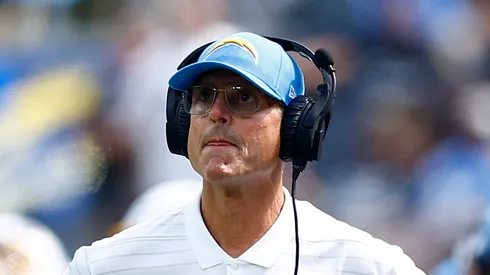 Head coach Jim Harbaugh of the Los Angeles Chargers looks on during the third quarter against the Las Vegas Raiders at SoFi Stadium.