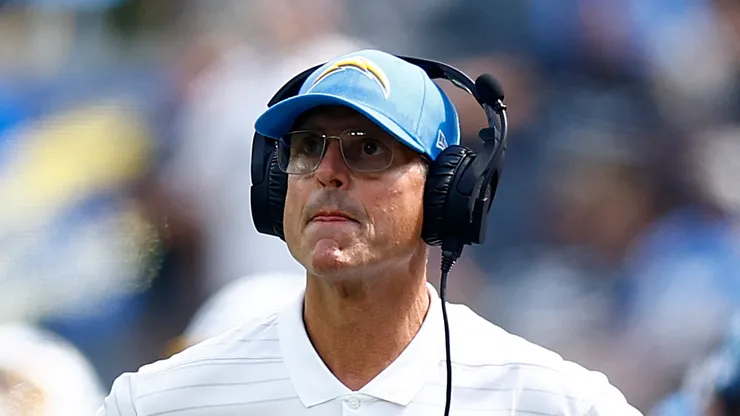 Head coach Jim Harbaugh of the Los Angeles Chargers looks on during the third quarter against the Las Vegas Raiders at SoFi Stadium.