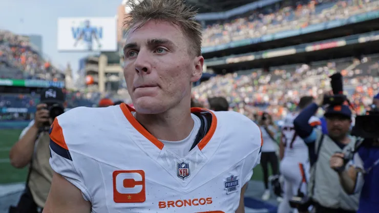 Bo Nix #10 of the Denver Broncos looks on after his team's 26-20 loss against the Seattle Seahawks at Lumen Field on September 08, 2024 in Seattle, Washington.