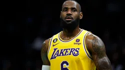 LeBron James #6 of the Los Angeles Lakers looks on during the first quarter of the game against the Charlotte Hornets