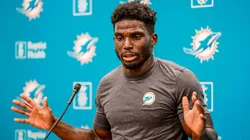 Miami Dolphins wide receiver Tyreek Hill (10) speaks to reporters at Baptist Health Training Complex in Miami Gardens, Florida, on Monday, July 23, 2024