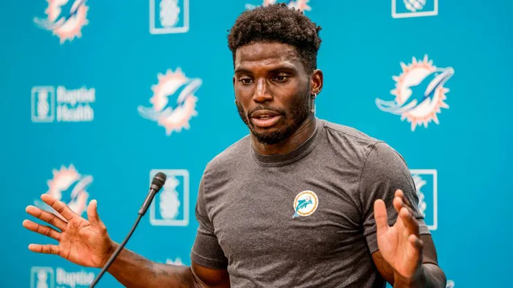 Miami Dolphins wide receiver Tyreek Hill (10) speaks to reporters at Baptist Health Training Complex in Miami Gardens, Florida, on Monday, July 23, 2024