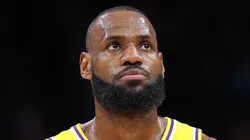 LeBron James #6 of the Los Angeles Lakers reacts against the Atlanta Hawks during the fourth quarter at State Farm Arena on December 30, 2022 in Atlanta, Georgia.