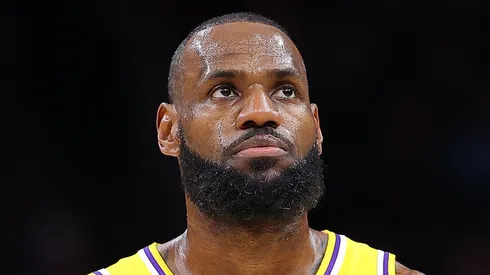 LeBron James #6 of the Los Angeles Lakers reacts against the Atlanta Hawks during the fourth quarter at State Farm Arena on December 30, 2022 in Atlanta, Georgia.