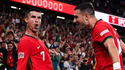 Cristiano Ronaldo (left) celebrates his goal for Portugal against Scotland.