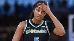 Angel Reese #5 of the Chicago Sky reacts during the game against the Indiana Fever at Wintrust Arena on August 30, 2024 in Chicago, Illinois.