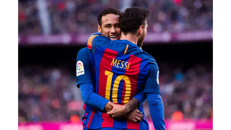 BARCELONA, SPAIN - FEBRUARY 04: Lionel Messi (R) of FC Barcelona celebrates with his teammate Neymar Santos Jr after scoring his team's second goal during the La Liga match between FC Barcelona and Athletic Club at Camp Nou stadium on February 4, 2017 in Barcelona, Spain. (Photo by Alex Caparros/Getty Images)