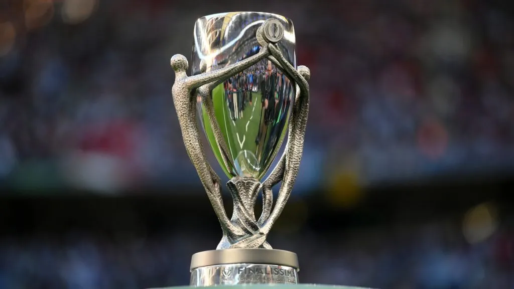 A detailed view of the Finalissima trophy prior to the 2022 Finalissima match between Italy and Argentina