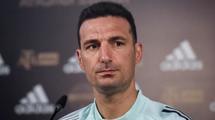 Argentina's coach Lionel Scaloni participates in a press conference