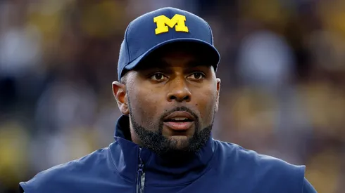 Head coach Sherrone Moore of the Michigan Wolverines looks on before a game against the Bowling Green Falcons at Michigan Stadium on September 16, 2023 in Ann Arbor, Michigan.