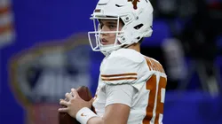 Arch Manning #16 of the Texas Longhorns warms up prior to playing against the Washington Huskies during the CFP Semifinal Allstate Sugar Bowl at Caesars Superdome on January 01, 2024 in New Orleans, Louisiana.