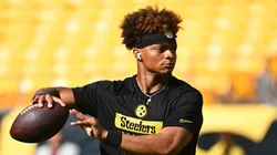 PITTSBURGH, PENNSYLVANIA - AUGUST 9: Justin Fields #2 of the Pittsburgh Steelers warms up before the preseason game against the Houston Texans at Acrisure Stadium.