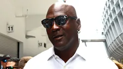 Basketball legend Michael Jordan walks in the Paddock prior to the F1 Grand Prix of Miami at the Miami International Autodrome.
