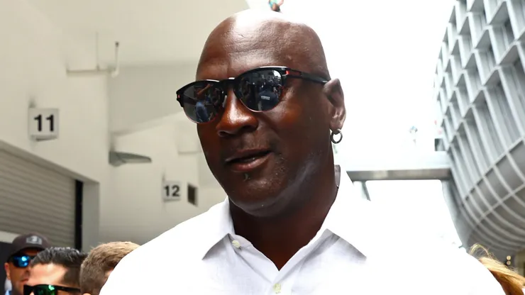 Basketball legend Michael Jordan walks in the Paddock prior to the F1 Grand Prix of Miami at the Miami International Autodrome.