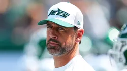Aaron Rodgers of the New York Jets looks on prior to the preseason game against the Washington Commanders at MetLife Stadium on August 10, 2024 in East Rutherford, New Jersey.
