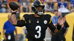 Russell Wilson #3 of the Pittsburgh Steelers drops back to pass in the first quarter during the preseason game against the Buffalo Bills at Acrisure Stadium on August 17, 2024 in Pittsburgh, Pennsylvania.