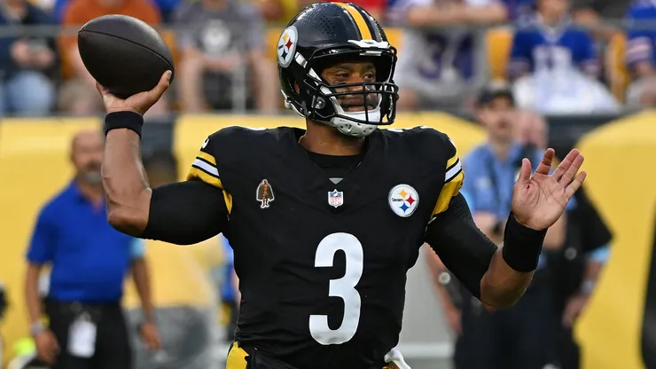 Russell Wilson #3 of the Pittsburgh Steelers drops back to pass in the first quarter during the preseason game against the Buffalo Bills at Acrisure Stadium on August 17, 2024 in Pittsburgh, Pennsylvania.