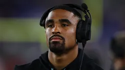 Jalen Hurts #1 of the Philadelphia Eagles looks on from the sideline during the second quarter of a preseason game against the Baltimore Ravens.