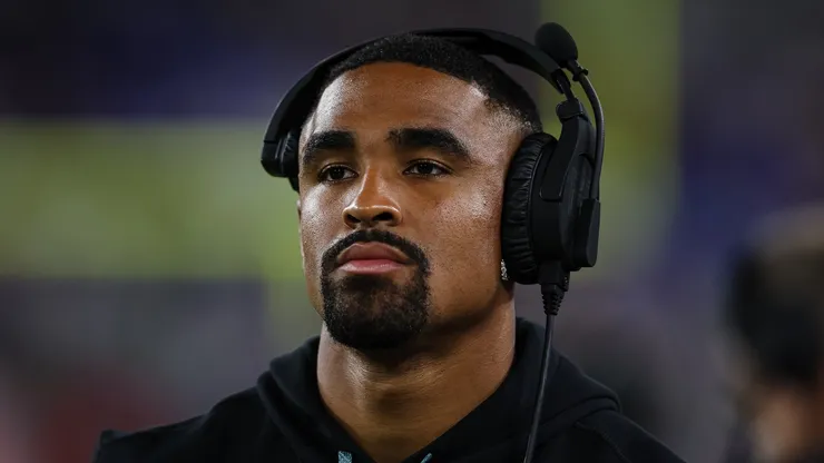 Jalen Hurts #1 of the Philadelphia Eagles looks on from the sideline during the second quarter of a preseason game against the Baltimore Ravens.