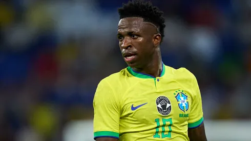 Vinicius Junior of Brazil looks on as an anti-racism logo is seen on the Brazil shirt during an International Friendly
