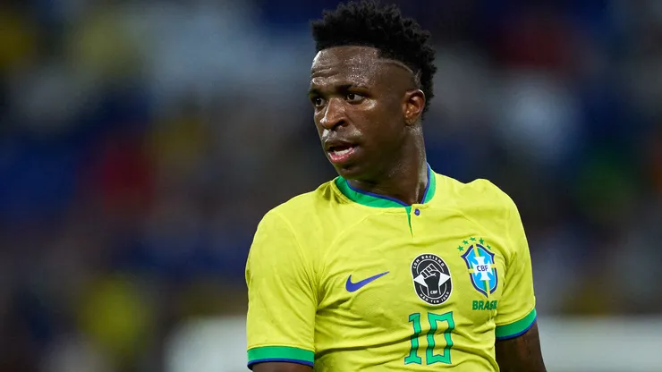 Vinicius Junior of Brazil looks on as an anti-racism logo is seen on the Brazil shirt during an International Friendly