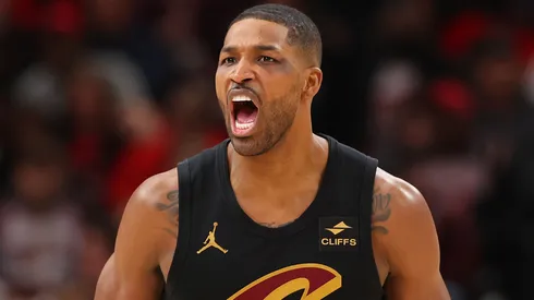 Tristan Thompson #12 of the Cleveland Cavaliers celebrates a basket by Craig Porter #9 against the Chicago Bulls during the second half at the United Center on December 23, 2023 in Chicago, Illinois.