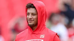 August 22, 2024: Kansas City Chiefs quarterback Patrick Mahomes 15 during warmups before a preseason game against the Chicago Bears at GEHA Field at Arrowhead Stadium in Kansas City, MO.